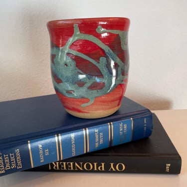 Studio Art Pottery Glazed Mug Artist Sign| Handmade Coffee Mug | Orange Swirl Design Pottery Cup Signed | Vibrant Pottery Vase 