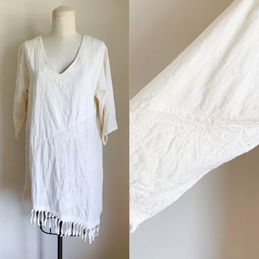 Vintage 1980s Cream Embroidered Fringed Cotton Tunic Dress / S 