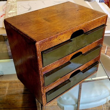 Beautiful Vintage Industrial Organizational Walnut Box with Divided Metal Drawers 