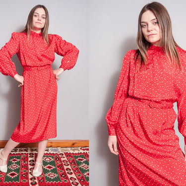 Vintage 1970's | LANVIN | Red | Patterned | Midi | Dress | L 