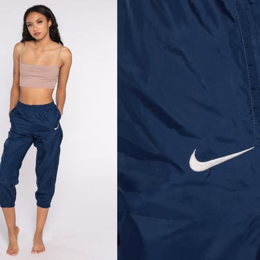 NIKE Track Pants 90s Blue Joggers Baggy Jogging Track Suit Warm Up Suit Athletic Pants Nylon 1990s Sportswear Small Petite 