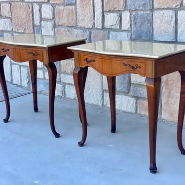 Pair of Italian MCM Mahogany Bedside Tables with Stone Toppers 