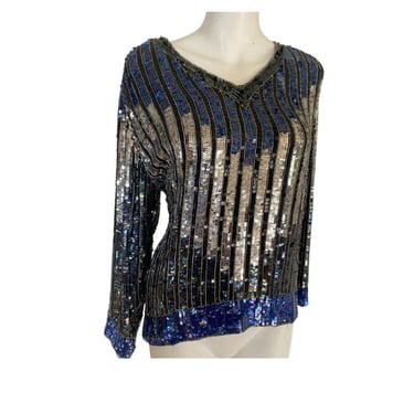 Vintage beaded sequin top, silver beaded top, striped cocktail blouse top, gold sequin dress top, 80s sequin top, size xl l 