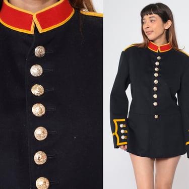 Majorette Jacket Y2K Marching Band Uniform Costume Jacket Black Wool Button up Coat Red Gold Trim Shoulder Epaulette Vintage 00s Medium M 