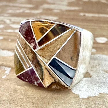TULLY GUSTINE Navajo Multi Stone Inlay Ring Mens | Handmade Large Ring w/ Sterling Silver | Southwestern Native American Jewelry | Size 10.5 