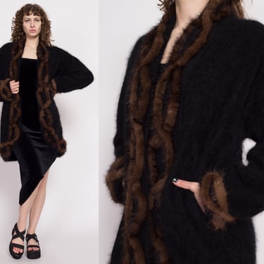 80s Cache Black & Brown Angora Jacket One Size | Vintage Two Tone Open Fit Glam Fuzzy Cardigan Coat 