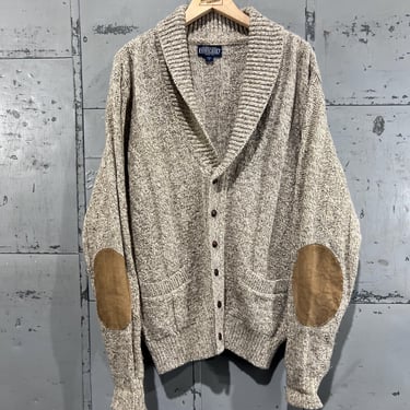 Large 80s Shawl collar cardigan sweater Lands end wool beige chunky hand knit oatmeal color cable knit 