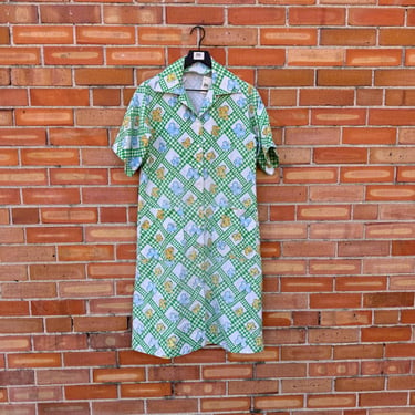 vintage 70s green butterfly button snap smock dress / l large 