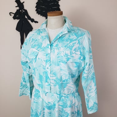 Vintage 1980's Shirt Waist Dress / 80s Palm Leaf Dress L/XL 