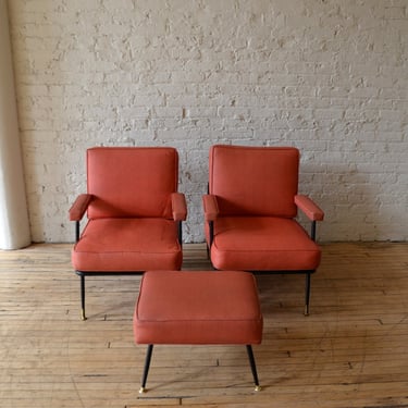 Pair MCM Orange Lounge Chairs w/ Ottoman