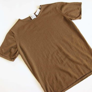 Vintage 90s TSE  Superfine Merino Wool Short Sleeve Knit Shirt Brown S - Minimalist Crewneck Knitted Top 