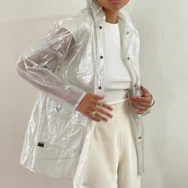 90s rain coat / vintage clear see thru hooded vinyl rain coat raincoat jacket | Medium 
