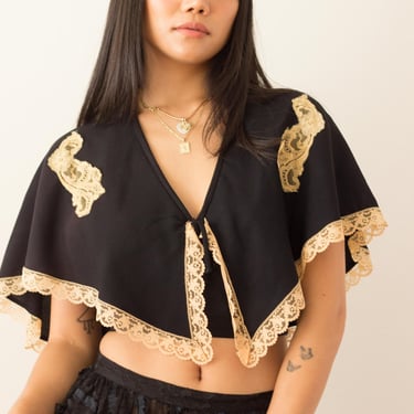 1970s Crepe And Lace Capelet Crop Top 