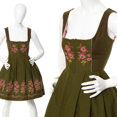 Vintage 1970s Dirndl Dress | 70s Floral Embroidered Cotton Olive Green Pink Traditional Oktoberfest Costume Fit and Flare Sundress (medium) 