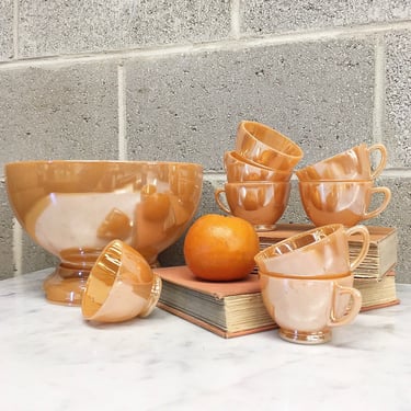 Vintage Punch Bowl Set Retro 1950s Anchor Hocking + Fire King + Mid Century Modern + Peach Luster + Set of 8 Cups + Party Servingware + MCM 