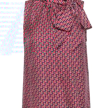 Joie - Red, Black & White Chain Pattern Silk Tie Front Blouse Sz S