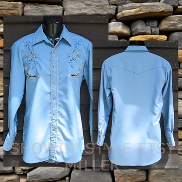 Miller Vintage Western Men's Cowboy Shirt, Rodeo Shirt, Embroidered Silver & Blue Floral Designs, Size 15.5-33, Approx. Medium (see meas.) 