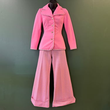1970s pink bell bottom pantsuit vintage barbie jacket and wide leg pants small 