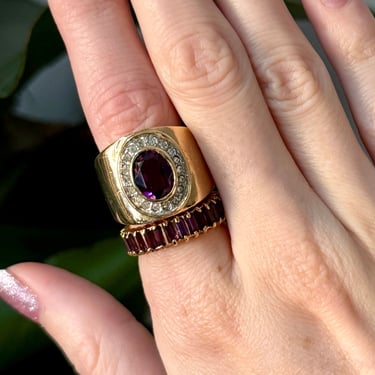 80s Wide Gold Purple Jewel Statement Ring Size 7.5