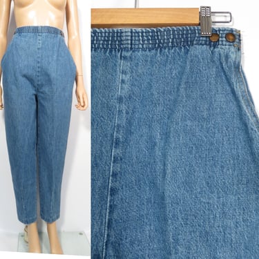 Vintage 90s Deadstock Maternity High Waist Snap Button Adjustable Elastic Waist Tapered Leg Mom Jeans Made In USA Size M 10 