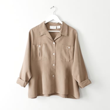 vintage beige silk blouse, 90s button down shirt 