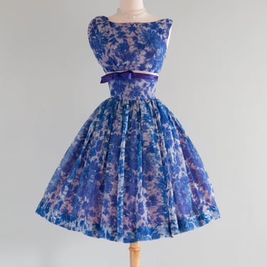 Beautiful 1960's Blue Floral Chiffon Cupcake Party Dress / SM