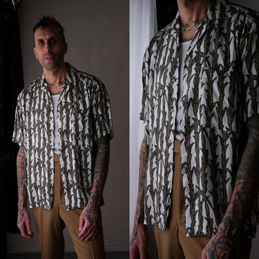 Vintage 80s UNGARO UOMO PARIS Ivory Rayon Loop Collar Shirt w/ Olive Leaf Stripe Print | 100% Rayon | 1980s Designer Rockabilly, Party Shirt 
