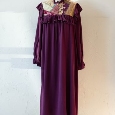 Vintage Jane McCartney Long Sleeve Burgundy Silk Bohemian Dress with Quilt Neckline S