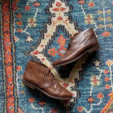 Vintage Brown Leather Lace Up Embossed Boots with a Pointed Toe, Bandolino Made in Italy 