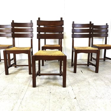 Vintage oak and wicker brutalist dining chairs, 1960s - brutalist dining chairs - vintage dining chairs - oak dining chairs 