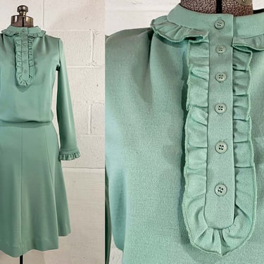Vintage Pastel A-Line Dress Mod Mint Sage Green Twiggy Butte Knit Long Sleevess Ruffle Collar Small 1960s 