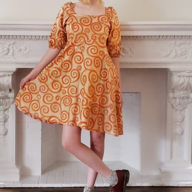 60s Cotton Print Summer Dress Orange Swirl Spiral Pattern Small 