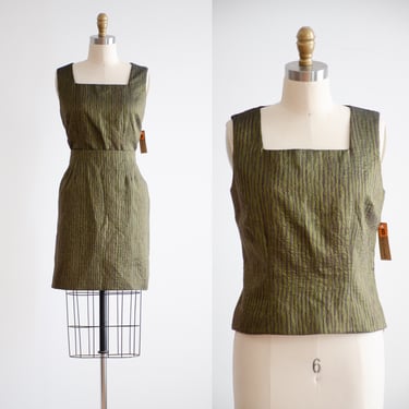 olive green mini skirt suit 90s y2k vintage striped vest and skirt set 