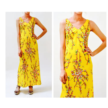 60s 70s Vintage Maxi Dress Hawaiian Floral Print Dress Yellow Size Small Medium Floral Print YEllow Maxi Boho Hippy Dress by Leslie J 