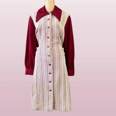 vintage maroon mod dress 1960s dagger collar patterned plus size 1X 