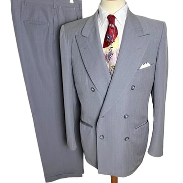 Vintage 1940s/1950s Double-Breasted Wool GABARDINE 2pc Suit ~ 40 L ~ jacket / pants ~ Talon Zipper ~ Drop Loops ~ 