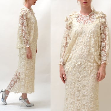 80s does 20s Vintage Lace Dress Medium Large Cream Off White// Vintage Sequin Lace Wedding Dress Long Sleeves Flapper Inspired Metallic Gown 