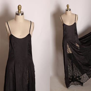1970s Black Nylon Sheer Lace Panels Spaghetti Strap Criss Cross Back Lingerie Night Gown by Petra Fashions -M 