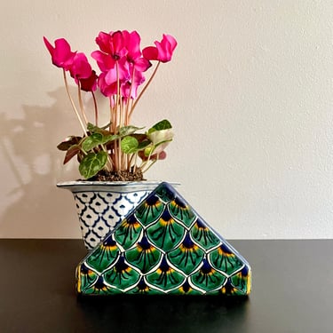 Vintage Talavera Napkin or Letter Holder, Hand Painted Peacock pattern, Green and Cobalt Blue, Ceramic Terra Cotta, Mexican Pottery 