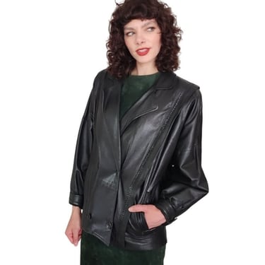 Vintage 80s Black Leather Jacket, Oversized, Italy 