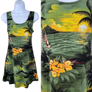 Vintage Tropical Hawaiian Beach Tank Dress Medium Large Floral Mini Bodycon Luau 