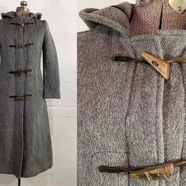 Vintage 1970s Coat Winter Long Jacket Hipster Toggle 70s Gloverall Wool Blend Duffle Horn Toggles England Grey British Gray Hooded Small XS 