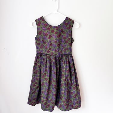 SIZE 10-12 Years / 1950s Vintage Girls Dress in Dark Floral Print / Dirndl Apron Style Vintage Dress Cotton - Has Flaws 