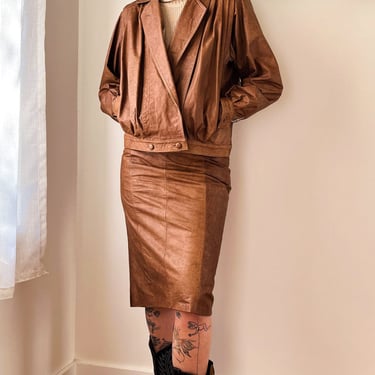 80s Leather Bomber Jacket & Skirt | M