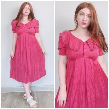 1990s Vintage Karin Stevens Rayon Babydoll Dress / 90s Peter Pan Collar Rose Tapestry Dusty Pink Dress / Size Medium 