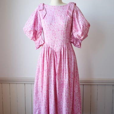 Vintage 1980s Pink Puff Sleeve Dress | M | 80s Cotton Balloon Sleeve Party Dress | Fit and Flare 