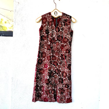 Vintage 60s Velvet Metallic Brocade Floral Daisy Sheath Dress 