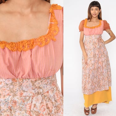 70s Crochet Dress Sheer Maxi Pink Dress Boho Knit Sweater