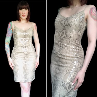 Vintage Y2K / 90s Clear Glittery Sequin Silk Snakeskin Print Hourglass Dress - size Medium 