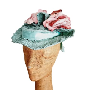 Vintage 1930s Milgrim Hat Blue Straw Pink Flowers 